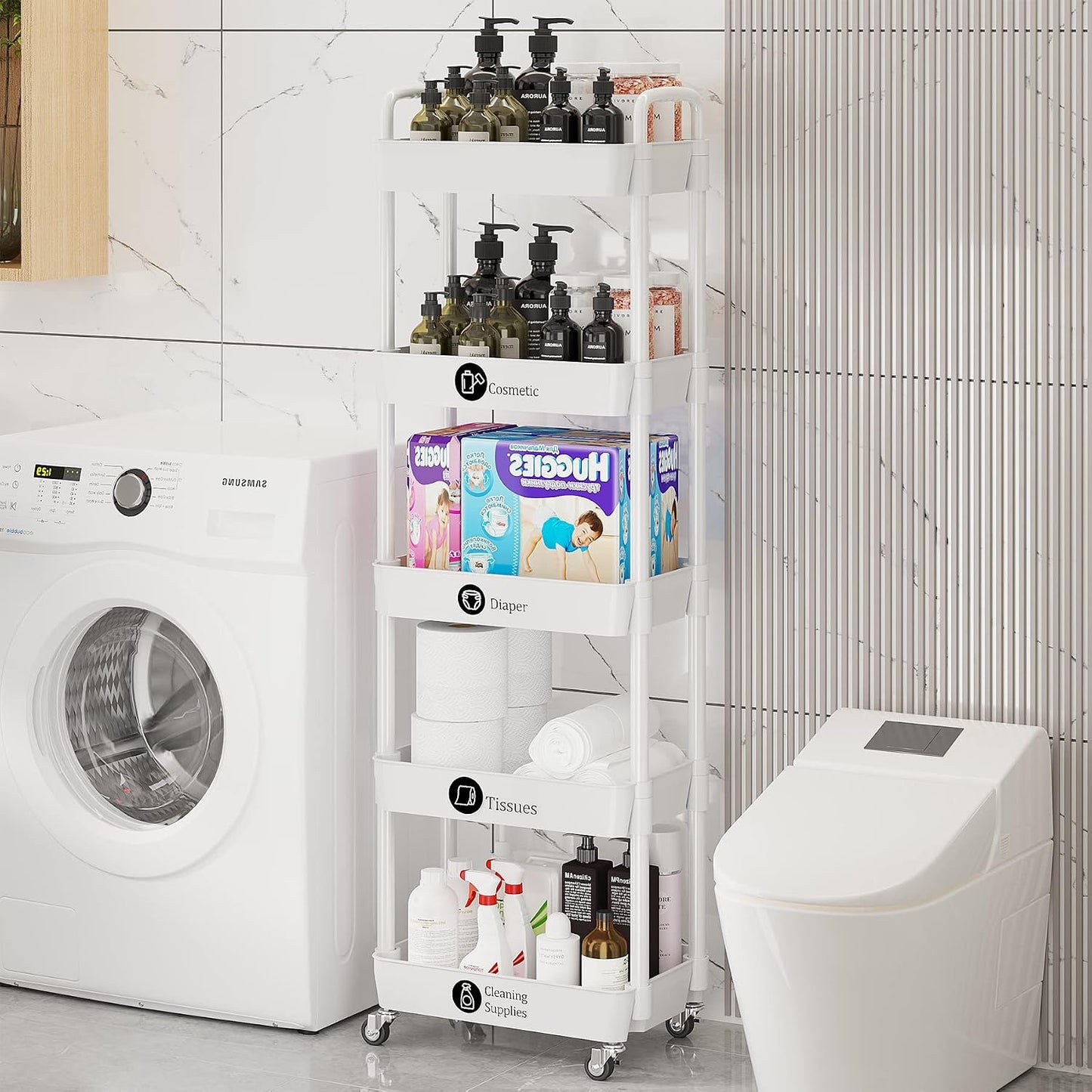 Laiensia 3-Tier Rolling Cart with Wheels,Multifunction Utility Storage Carts, Kitchen Storage Organizer,Mobile Shelving Unit for Bathroom,Laundry,with Classified Stickers,White