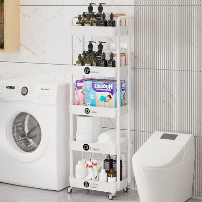 Laiensia 3-Tier Rolling Cart with Wheels,Multifunction Utility Storage Carts, Kitchen Storage Organizer,Mobile Shelving Unit for Bathroom,Laundry,with Classified Stickers,White