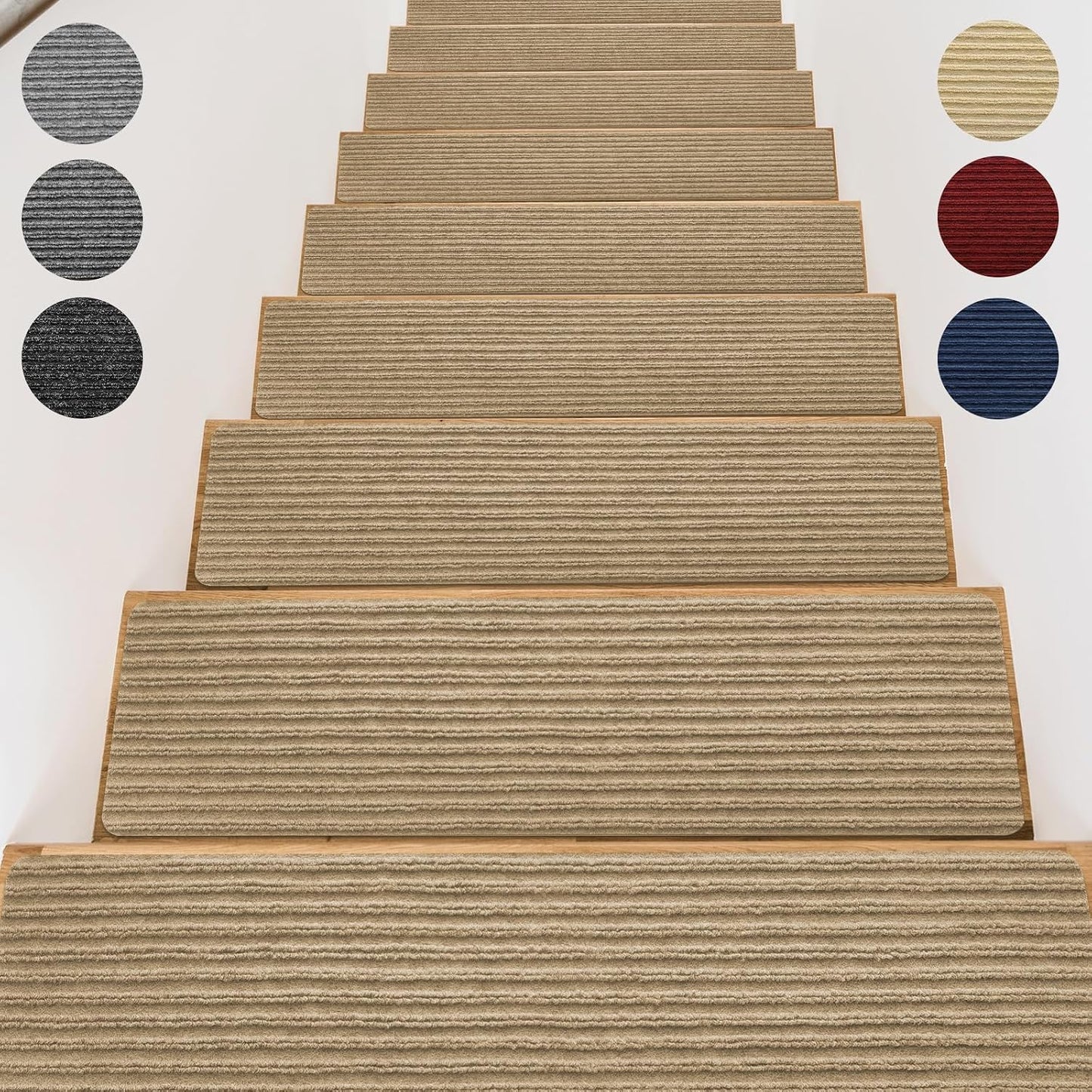 15 Pack 8 "X 30" Non-Slip Carpet Stair Treads for Indoor Wooden Steps, Made of Polyester and Reusable Adhesive, Suitable for Kids Elders and Pets（Black Lines）