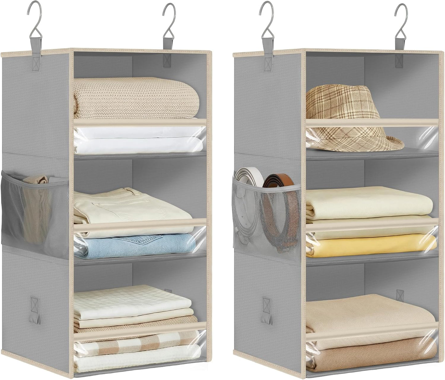 STORAGE MANIAC 6-Shelf Hanging Closet Organizer and Storage, 2 Separable 3-Shelf Haning Organizers for Closet, Collapsible Hanging Shelves Wardrobe Organization, College Dorm Room, Nursery, Beige