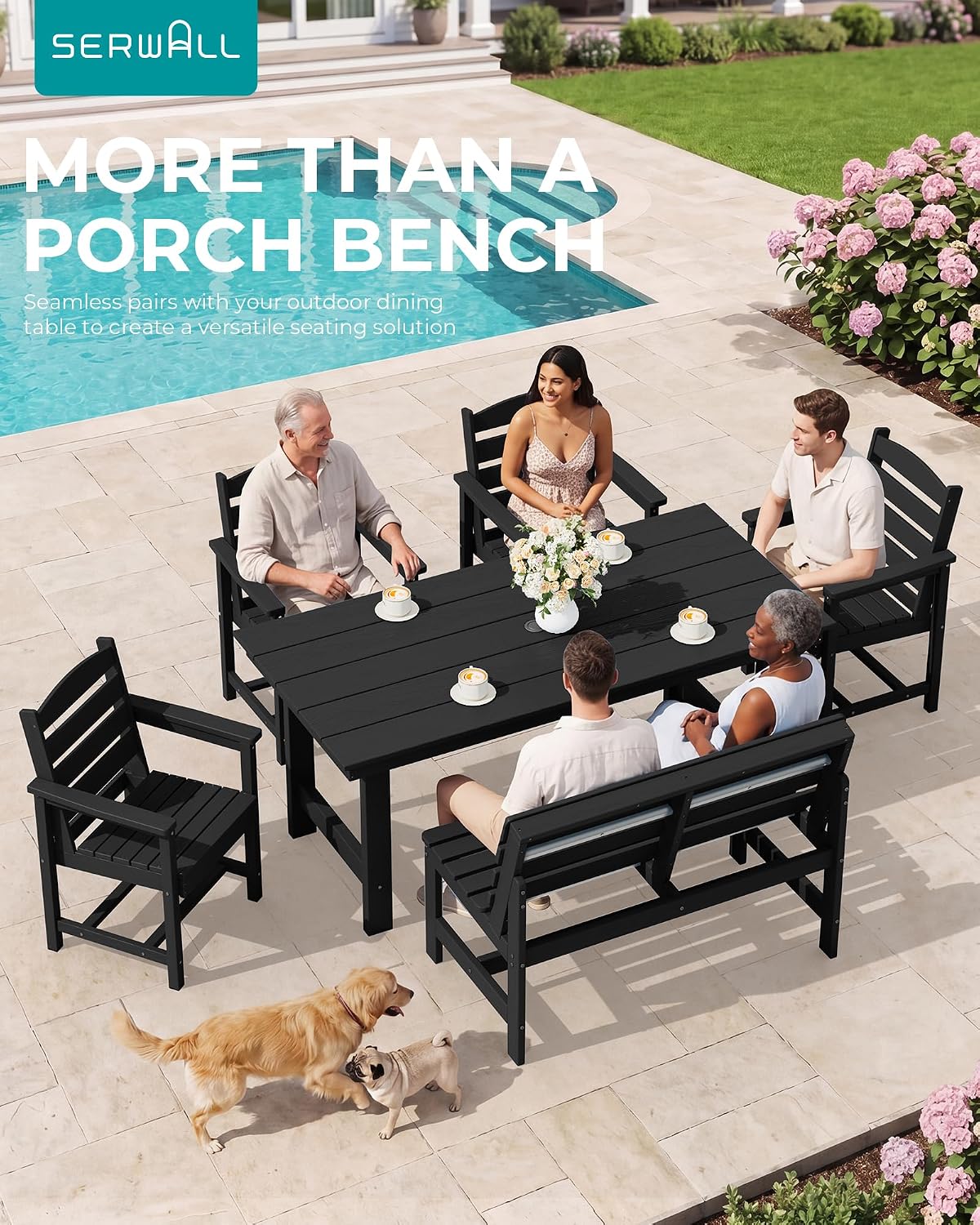 SERWALL HDPE Outdoor Storage Bench, Deck Box with Waterproof Storage Bags | All-Weather Benches | 57 Gallon Dual-Use Seat | Organizer Deck Boxes for Patio, Garden Tools & Pool | Dark Black