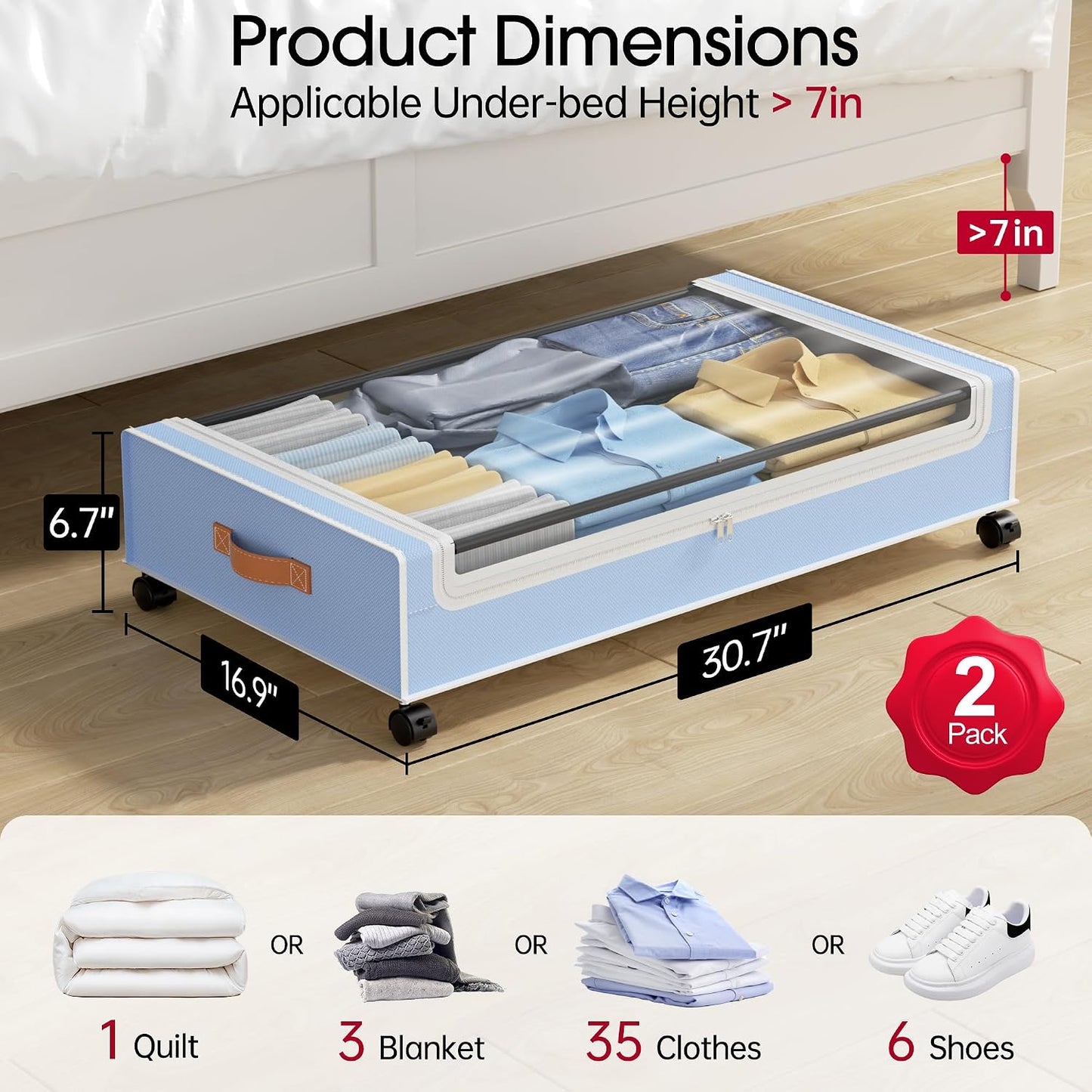 Yecaye Under Bed Storage with Wheels, 2 Pack Under Bed Storage Containers, 60L Underbed Shoe Storage with Clear Window & Label, Rolling Under Bed Metal Drawer for Clothes, Shoes, Books, Blankets
