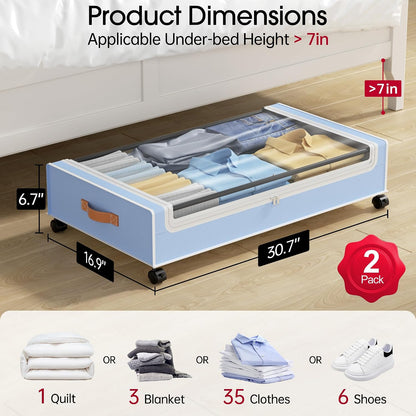 Yecaye Under Bed Storage with Wheels, 2 Pack Under Bed Storage Containers, 60L Underbed Shoe Storage with Clear Window & Label, Rolling Under Bed Metal Drawer for Clothes, Shoes, Books, Blankets