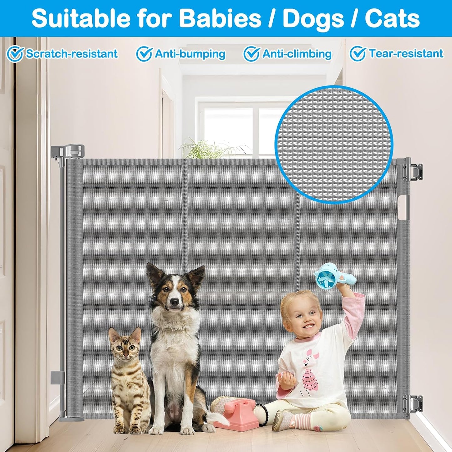 42 Inch Extra Tall Retractable Baby Gates with Reinforced Strips 55 Inch Wide Outdoor Retractable Dog Gate No Sag Extra Tall Baby Gate for Doorway Anti-Scratch Mesh Gates for Kids or Pets, White