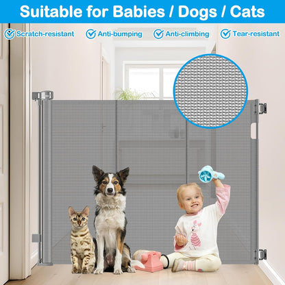 42 Inch Extra Tall Retractable Baby Gates with Reinforced Strips 55 Inch Wide Outdoor Retractable Dog Gate No Sag Extra Tall Baby Gate for Doorway Anti-Scratch Mesh Gates for Kids or Pets, White