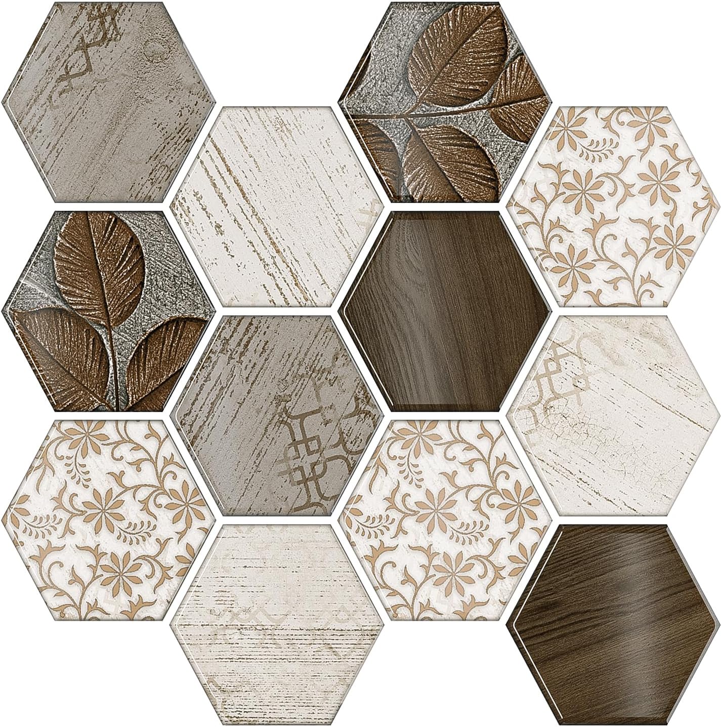 VEELIKE Boho Hexagon Peel and Stick Backsplash Tile Decals 6-Sheets Adhesive Waterproof Stick on Backsplash for Kitchen Bathroom 12''x12'' Temporary Wall Tile Stickers for Renters Laundry Fireplace