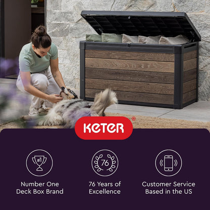 Keter Signature Everwood 30 Gallon Resin Outdoor Storage Box and Patio Furniture Side Table for Pool and Garden Accessories, Walnut