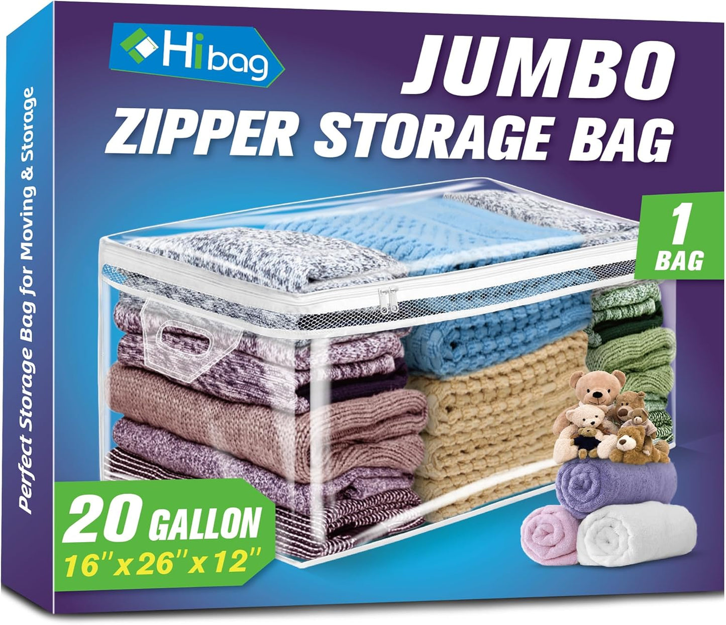 Large Storage Bag for Clothes, Jumbo Zipper Totes | 20 Gallon xxl, Flexible, Clear Extra Thick Plastic, Reinforced Handles, Double Zip