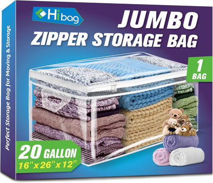Large Storage Bag for Clothes, Jumbo Zipper Totes | 20 Gallon xxl, Flexible, Clear Extra Thick Plastic, Reinforced Handles, Double Zip