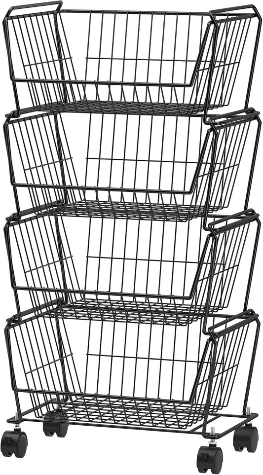 PUSDON 6-Tier Tall Stackable Wire Storage Baskets with Wheels, Vertical Metal Rolling Utility Cart, High Capacity Produce Basket for Kitchen Pantry, Snack Organizer, Matte Black