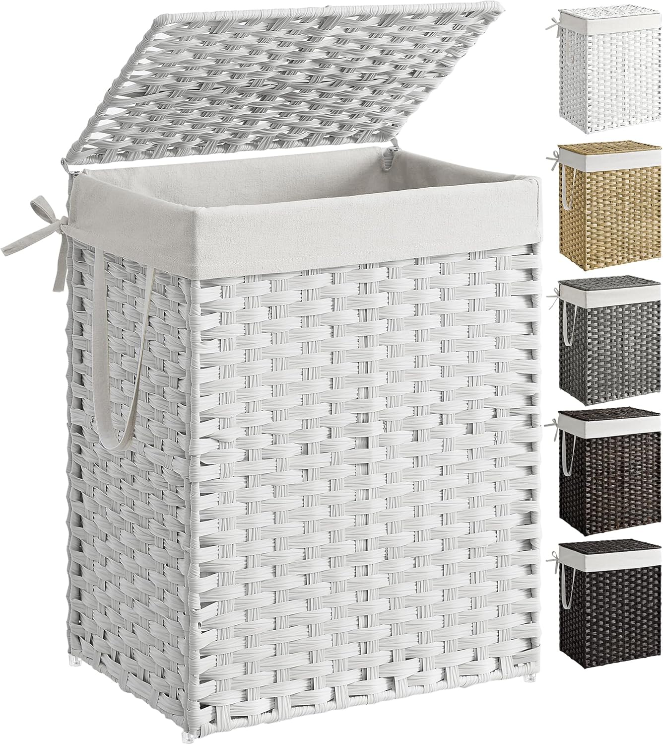 SONGMICS Laundry Hamper with Lid, 23.8 Gallon (90 L) Synthetic Rattan Clothes Laundry Basket with Lid and Handles, Foldable, Removable Liner, Chestnut Brown ULCB051K02