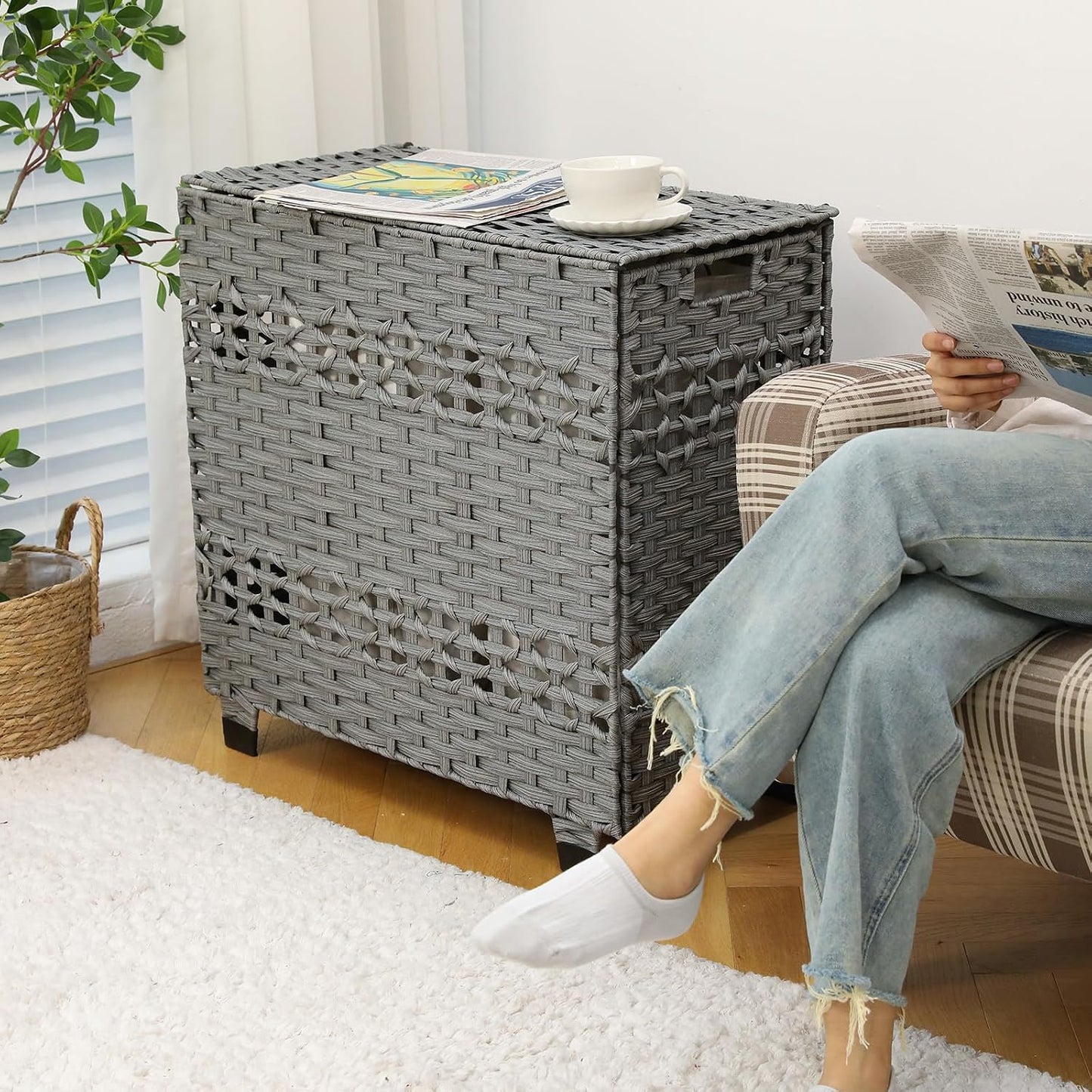 OIAHOMY Laundry Hamper with Lid, 140L Clothes Hamper with 3 Removable Liner Bags, Foldable Basket with Lid, Synthetic Wicker Laundry Basket for Bedroom, 27x 13 x 26 Inches, Yellow