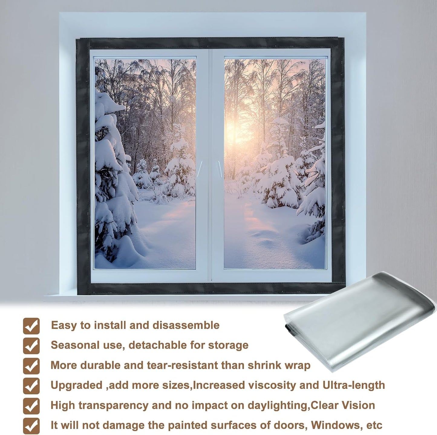 Window Insulation Kit for Winter Adjustable Plastic Insulated Window Cover Sealer Reusable Thermal Thicken Clear Insulation Wrap Transparent Film with Hook and Loop Tape for Winterizing 48'' x 63''