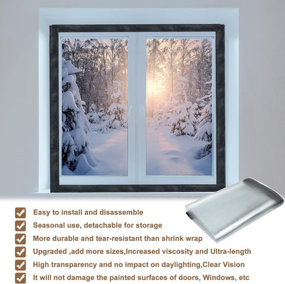 Window Insulation Kit for Winter Adjustable Plastic Insulated Window Cover Sealer Reusable Thermal Thicken Clear Insulation Wrap Transparent Film with Hook and Loop Tape for Winterizing 48'' x 63''