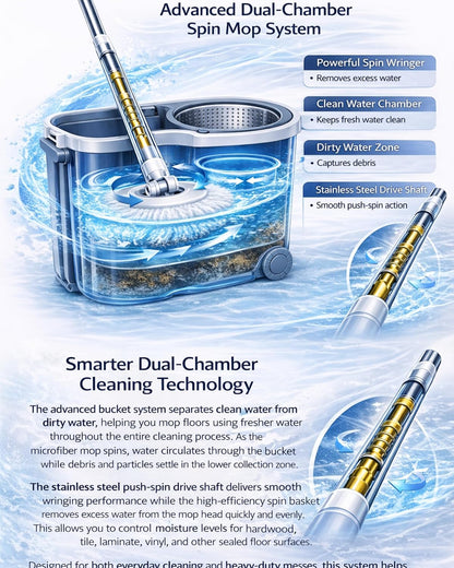 Spin Mop and Bucket System with Wringer, Microfiber Spin Mop and Bucket Set, Stainless Steel Handle, Rolling Mop Bucket with Drain Plug, Includes 3 Mop Heads for Hardwood Tile Floors