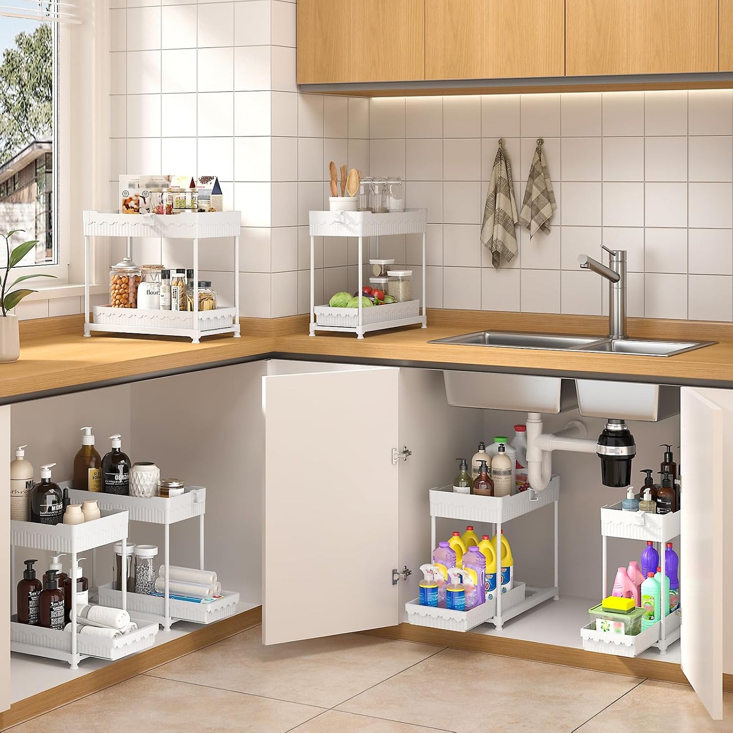 Sevenblue 3-Pack 2-Tier Under Sink Organizers with Sliding Drawers | Multi-use kitchen & bathroom storage, 12.8 inch black cabinet organizer, space-saving sliding drawer design.