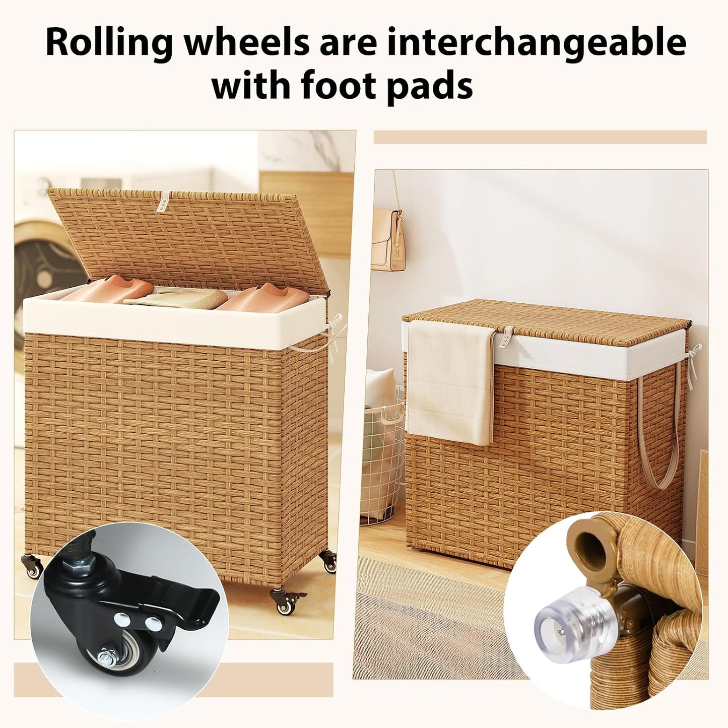 Giantex Laundry Hamper w/Wheels, 3 Section Hamper 125L w/2 Removable Liner Bags, Handwoven Rattan Divided Laundry Basket w/Lid and Handle for Laundry Sorter for Bathroom Bedroom (Brown)