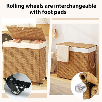 Giantex Laundry Hamper w/Wheels, 3 Section Hamper 125L w/2 Removable Liner Bags, Handwoven Rattan Divided Laundry Basket w/Lid and Handle for Laundry Sorter for Bathroom Bedroom (Brown)