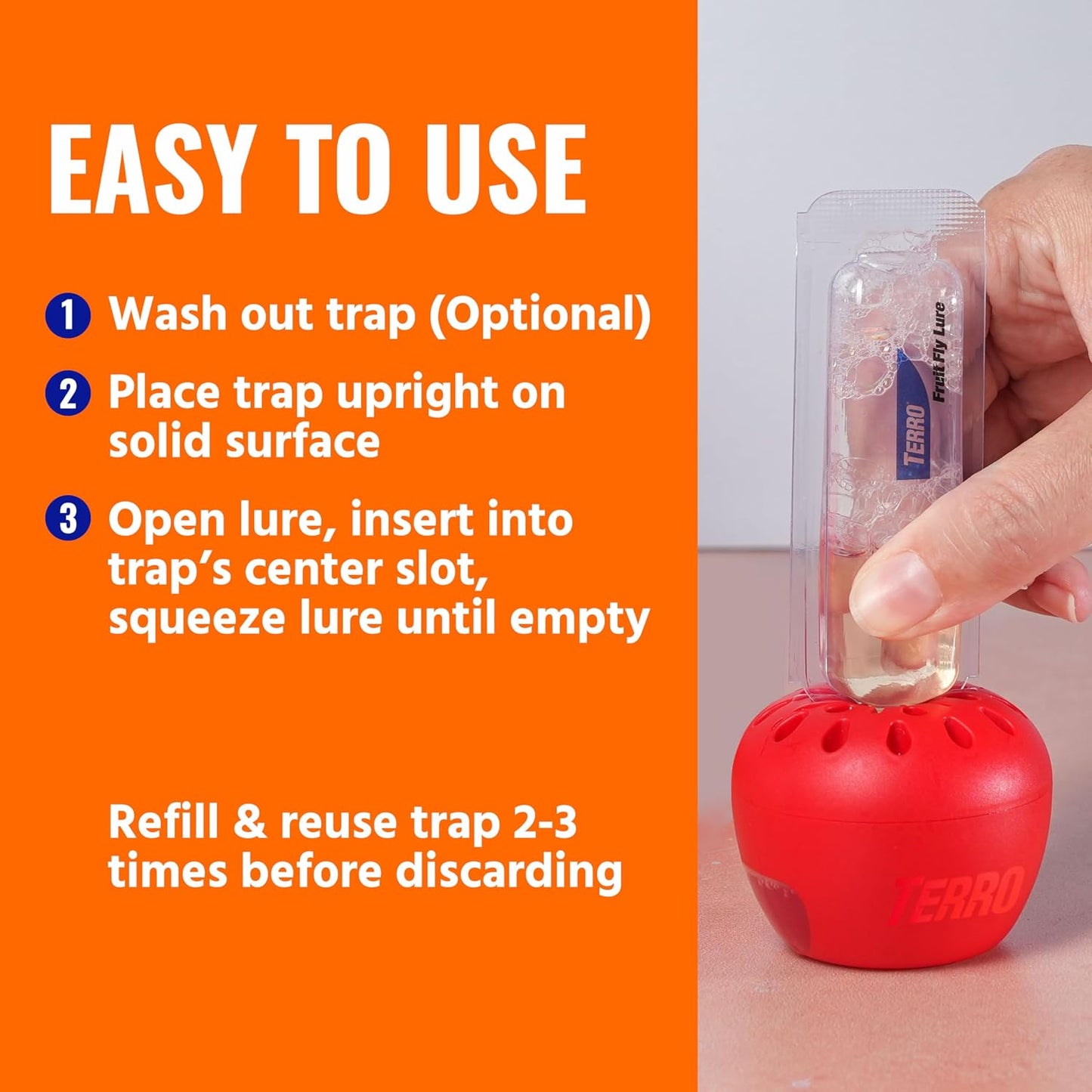 TERRO Fruit Fly Trap 4-Pack, 180 Day Lure Supply, Food-Based Lure | Apple-Shaped Design for Kitchen Counters, Fruit Bowls, Trash Cans, Food-Based Lure, Indoor Pest Control, Fruit Fly Killer