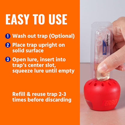 TERRO Fruit Fly Trap 4-Pack, 180 Day Lure Supply, Food-Based Lure | Apple-Shaped Design for Kitchen Counters, Fruit Bowls, Trash Cans, Food-Based Lure, Indoor Pest Control, Fruit Fly Killer