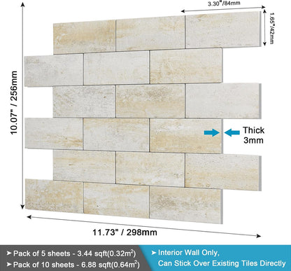 BeNice Peel and Stick Backsplash for Kitchen,Bathroom Wall Backsplash Tile Peel and Stick Shower Tiles Waterproof(10sheets,Rustic Beige)