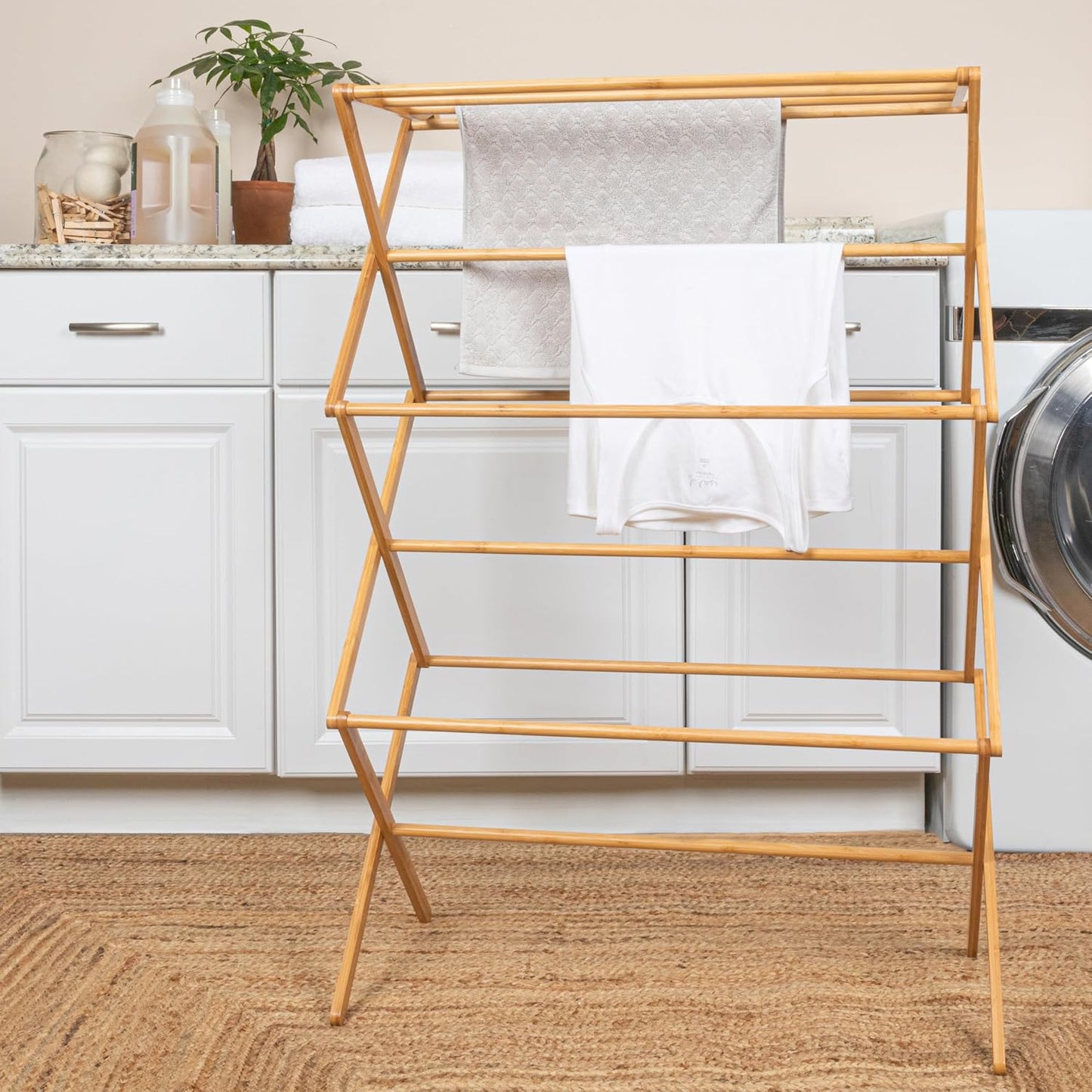 Household Essentials X-Frame Clothes Drying Rack, Stabile Wood Frame with Slanted Feet, Smooth Vinyl Wrapped Rods, 23.8 Feet of Hanging Space, Ready to Assemble, Flat Top, Natural