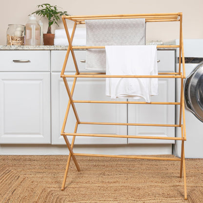 Household Essentials X-Frame Clothes Drying Rack, Stabile Wood Frame with Slanted Feet, Smooth Vinyl Wrapped Rods, 23.8 Feet of Hanging Space, Ready to Assemble, Flat Top, Natural