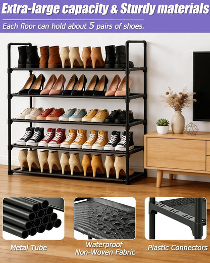Upgrade Stackable Small Shoe Rack, 4-Tier Shoe Shelf Storage Organizer with Handle for Entryway, Hallway and Closet (Black)