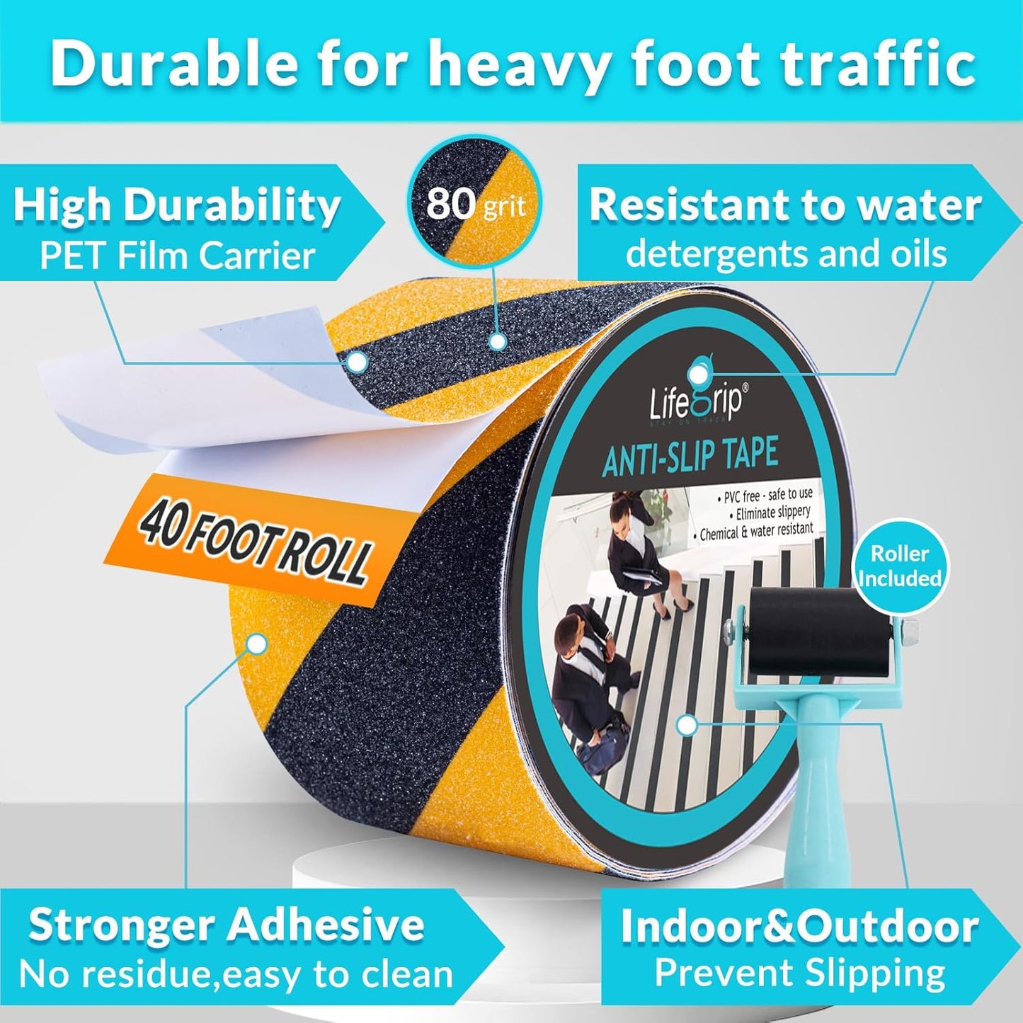 Lifegrip Anti Slip Tape, 4 Inch x 15 Foot Non-Slip Traction Grip Tape for Stairs, Waterproof Stair Treads Grip Non Slip, Non Skid Tape for Steps, Outdoor Black Grip Tape (4" X 15')