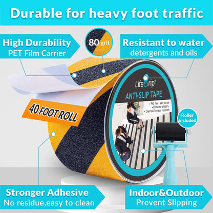 Lifegrip Anti Slip Tape, 4 Inch x 15 Foot Non-Slip Traction Grip Tape for Stairs, Waterproof Stair Treads Grip Non Slip, Non Skid Tape for Steps, Outdoor Black Grip Tape (4" X 15')