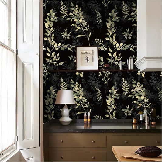 Floralplus Peel and Stick Wallpaper Boho Leaf Removable Wallpaper for Bathroom Renter Leaf Contact Paper for Locker Shelf Liner Vinyl Adhesive Wallpapers Wall Mural Decor 17.5 in x 118 in