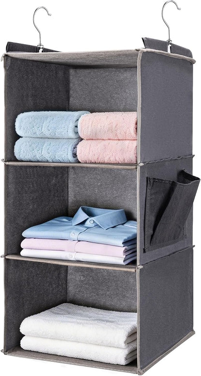 BOOMIBOO Hanging Closet Organizer and Shelves, 4 Shelves with 1 Side Pockets, Foldable, Grey Fabric, Modern Style, for Bedroom and Dorm Room (Grey)