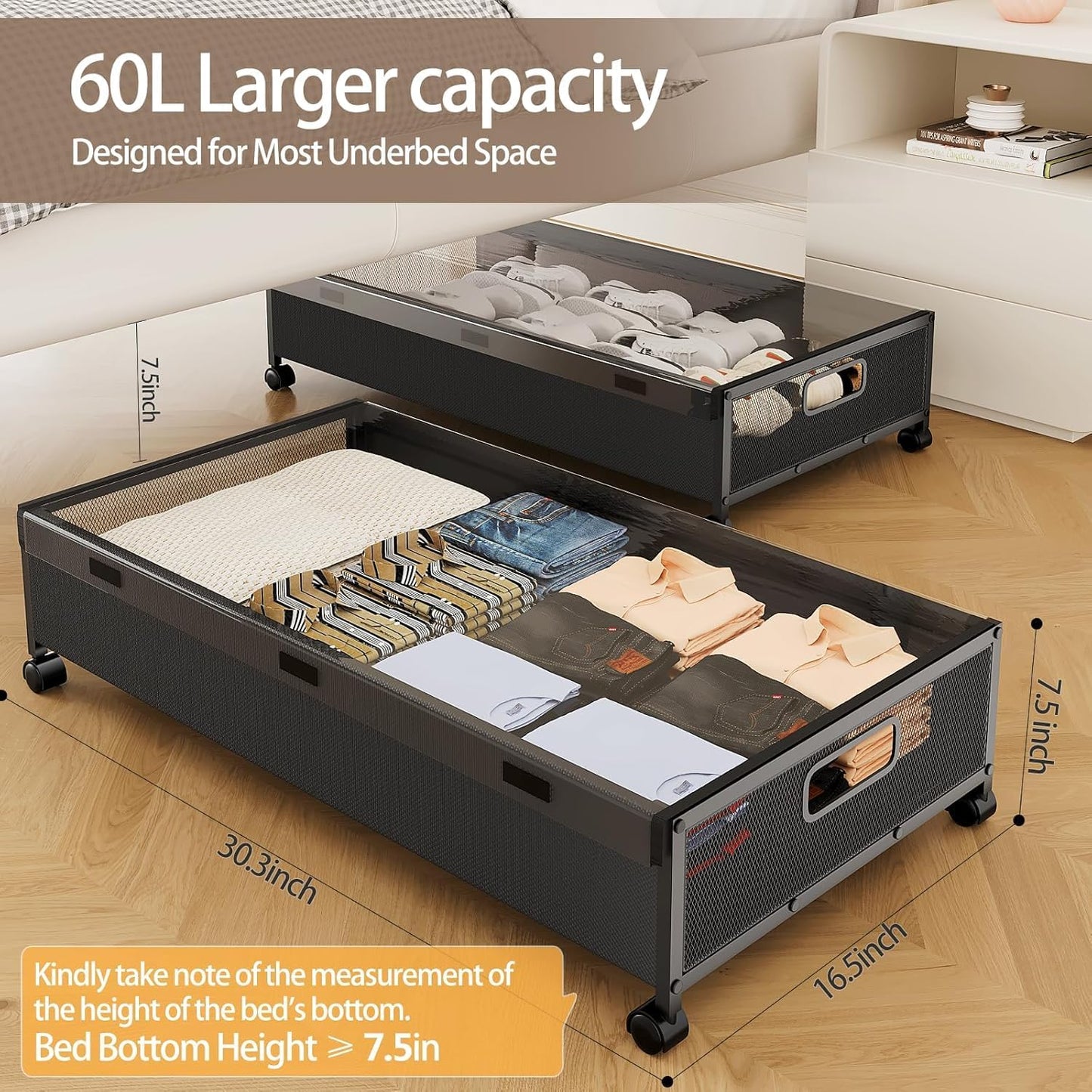 KITHELP Under Bed Storage Containers with Wheels, 2 Pack Underbed Shoe Storage Organizer with Removable Lids, Large Rolling Under Bed Storage Dresser Drawers for Clothes Toys Shoes Blankets