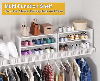 White Shoe Rack Organizer for Closet, 2-Tier Expandable Shoe Shelf, Stackable Iron Wood Combination Small Shoe Racks Shelves for Closets, Entryway,Small Space,Hallway,Bedroom,Bathroom,6-12 Pairs