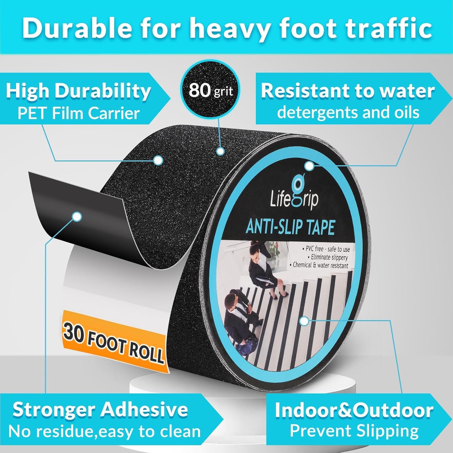 Lifegrip Anti Slip Tape, 4 Inch x 15 Foot Non-Slip Traction Grip Tape for Stairs, Waterproof Stair Treads Grip Non Slip, Non Skid Tape for Steps, Outdoor Black Grip Tape (4" X 15')