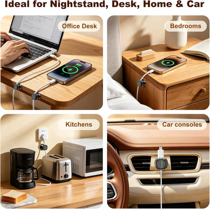 Magnetic Cable Clips 12 Pack, 360° Rotatable Self-Adhesive Cord Holder with One-Hand Open Lid, Cable Management for Nightstand Desk Car Phone Charger