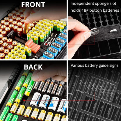 Battery Organizer Storage Case with Tester for 269 Batteries, Double Sides | Plastic, For AA AAA 4A C D Cell 9V 3V LR44 CR2 CR123 CR1632 18650 Button, Wall/Drawer, For Families/DIY/Home/Garage, Grey