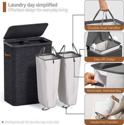 Sorbus Laundry Hamper with Lid - Collapsible 3-Compartment Fabric Laundry Basket with Handles and Removable Laundry Bag – 50 Gallon (190 L) Dirty Clothes Hamper for Bedroom, bathroom and dorm (Beige)