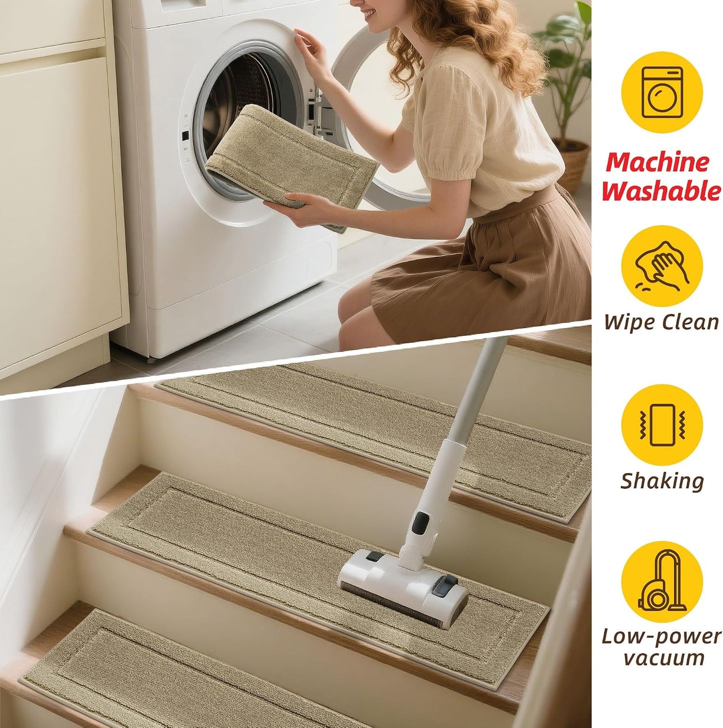 JSEI Stair Treads for Wooden Steps Indoor, 15-Pack Non Slip Stair Treads 30" x 8", Washable Polyester Stair Mats with TPE Backing, Low Profile Stair Rugs for Kids, Seniors and Dogs, Brown