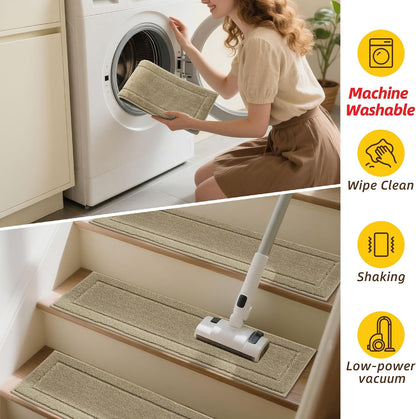 JSEI Stair Treads for Wooden Steps Indoor, 15-Pack Non Slip Stair Treads 30" x 8", Washable Polyester Stair Mats with TPE Backing, Low Profile Stair Rugs for Kids, Seniors and Dogs, Brown