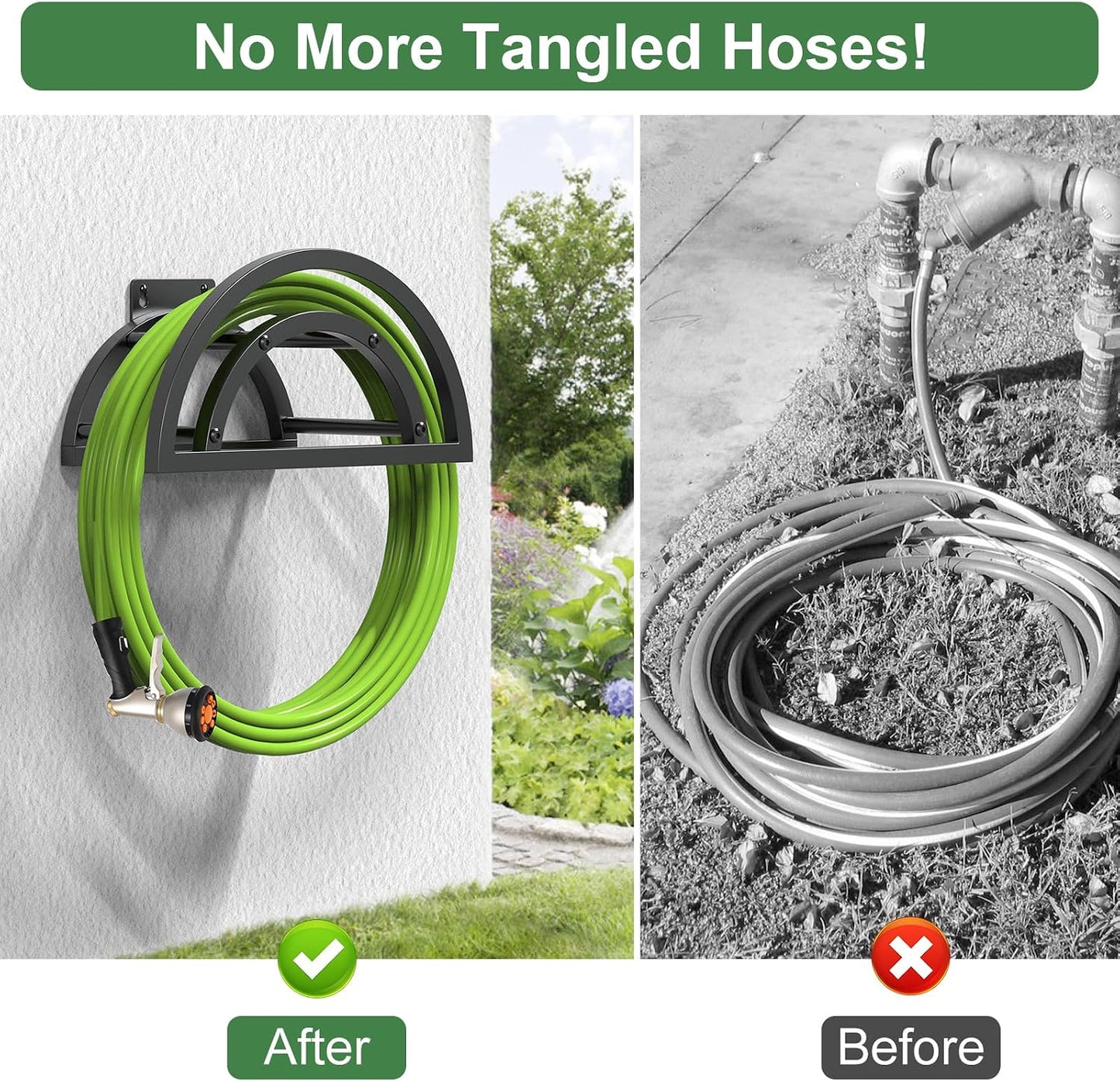 OLV Hose Holder Wall Mount, Outdoor Water Hose Holder Holds 125-ft Hose, Heavy Duty Metal Detachable Hose Hanger Reel Storage Organizer, Hose Rack for Outside Garden Lawn Yard Farm, Black