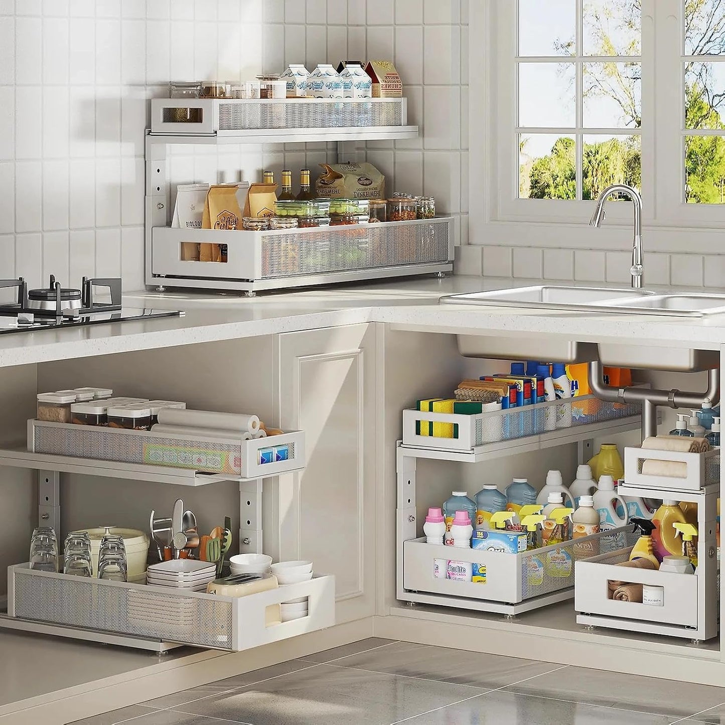 2 Pack Under Sink Organizer with Next-Gen Ball-Bearing Slides,2-Tier Pull Out Cabinet Storage,Height Adjustable Drawer Shelf for Bathroom,Kitchen,Laundry,Cabinet,Pantry(Patent Pending)