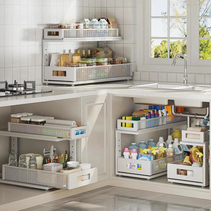 2 Pack Under Sink Organizer with Next-Gen Ball-Bearing Slides,2-Tier Pull Out Cabinet Storage,Height Adjustable Drawer Shelf for Bathroom,Kitchen,Laundry,Cabinet,Pantry(Patent Pending)