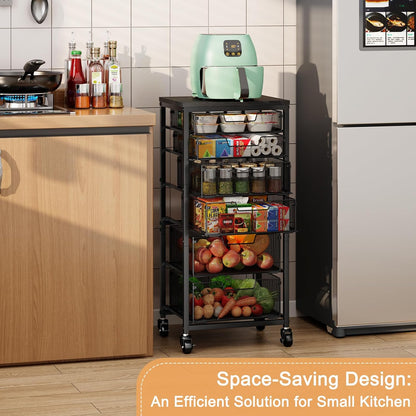 4 Tier Kitchen Rolling Cart, Kitchen Storage Cart with Wheels, Adjust Pantry Organizer and Storage Cart with Drawer, Fruit Vegetable Spice Storage Cart, Wooden Top Metal Kitchen Organizer Rack Stand