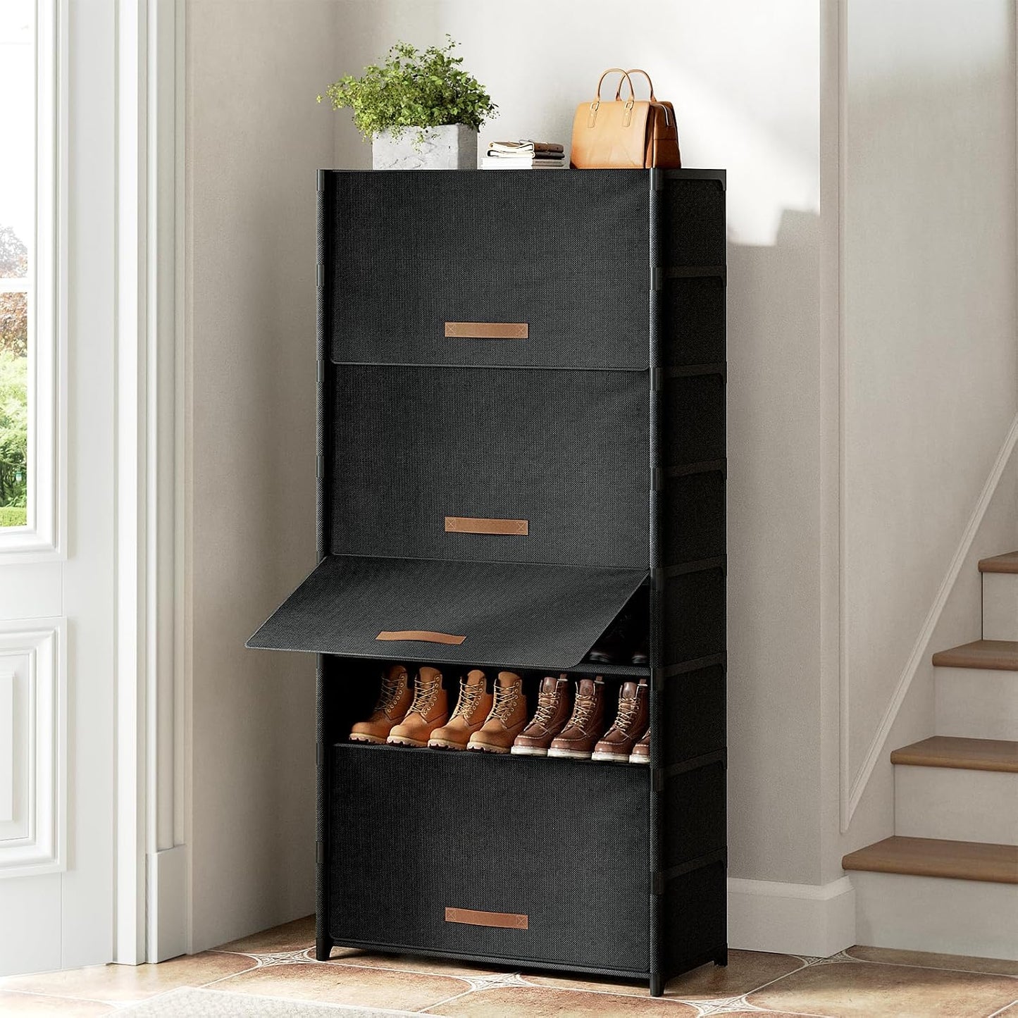 Shoe Rack, 5 Tier Shoe Storage Cabinet with Door 20 Pair Plastic Shoe Shelves Organizer for Closet, Entryway, Hallway, Bedroom, Black