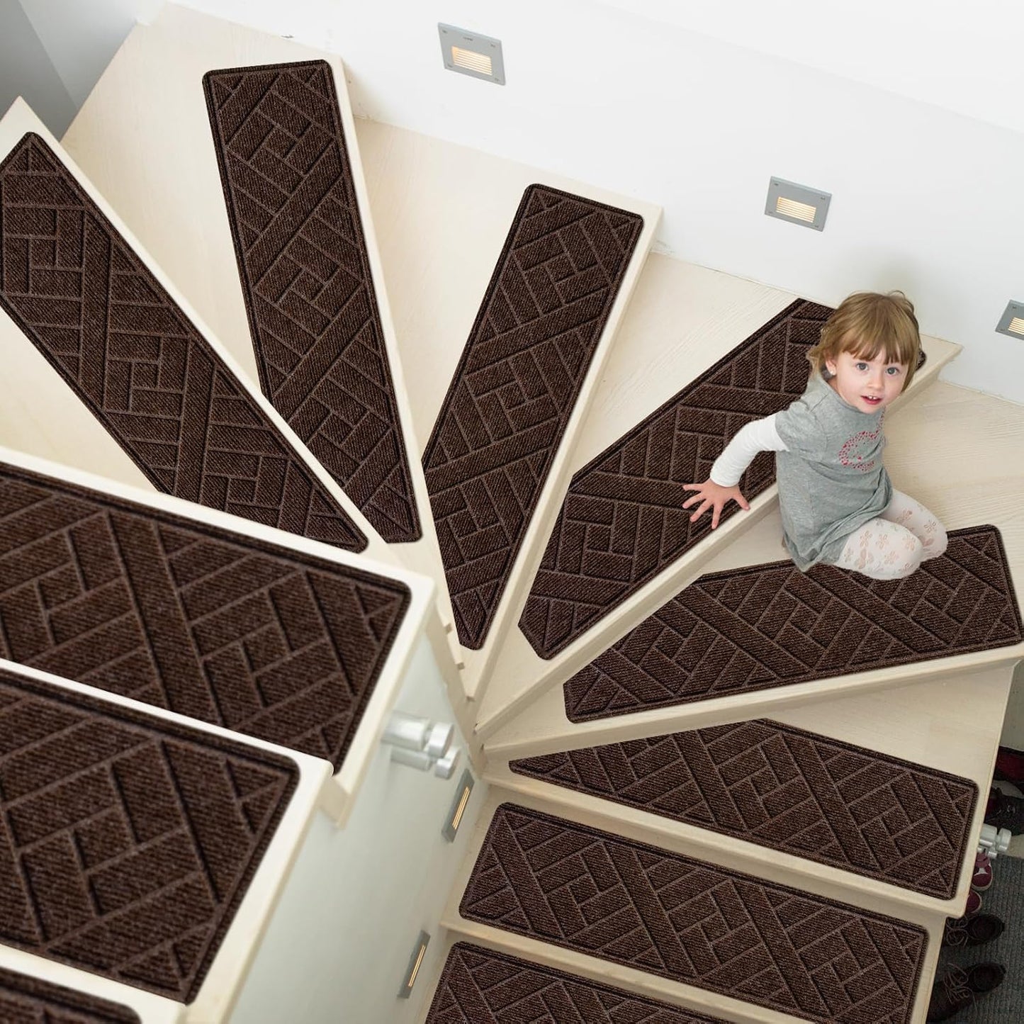 15 Pack 8 "X 30" Non-Slip Carpet Stair Treads for Indoor Wooden Steps, Made of Polyester and Reusable Adhesive, Suitable for Kids Elders and Pets（Black Lines）