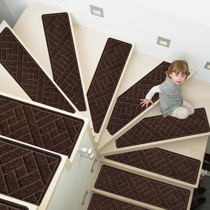 15 Pack 8 "X 30" Non-Slip Carpet Stair Treads for Indoor Wooden Steps, Made of Polyester and Reusable Adhesive, Suitable for Kids Elders and Pets（Black Lines）