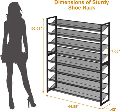 Large Shoe Rack 8 Tier Shoe Organizer, Heavy Duty Metal 4-Tier Stackable Shoe Storage Vertical Shoe Rack for Closet Front Door Entrance, Up to 50 Pairs, 44.8" W x 11.4" D x 56.7" H, Black