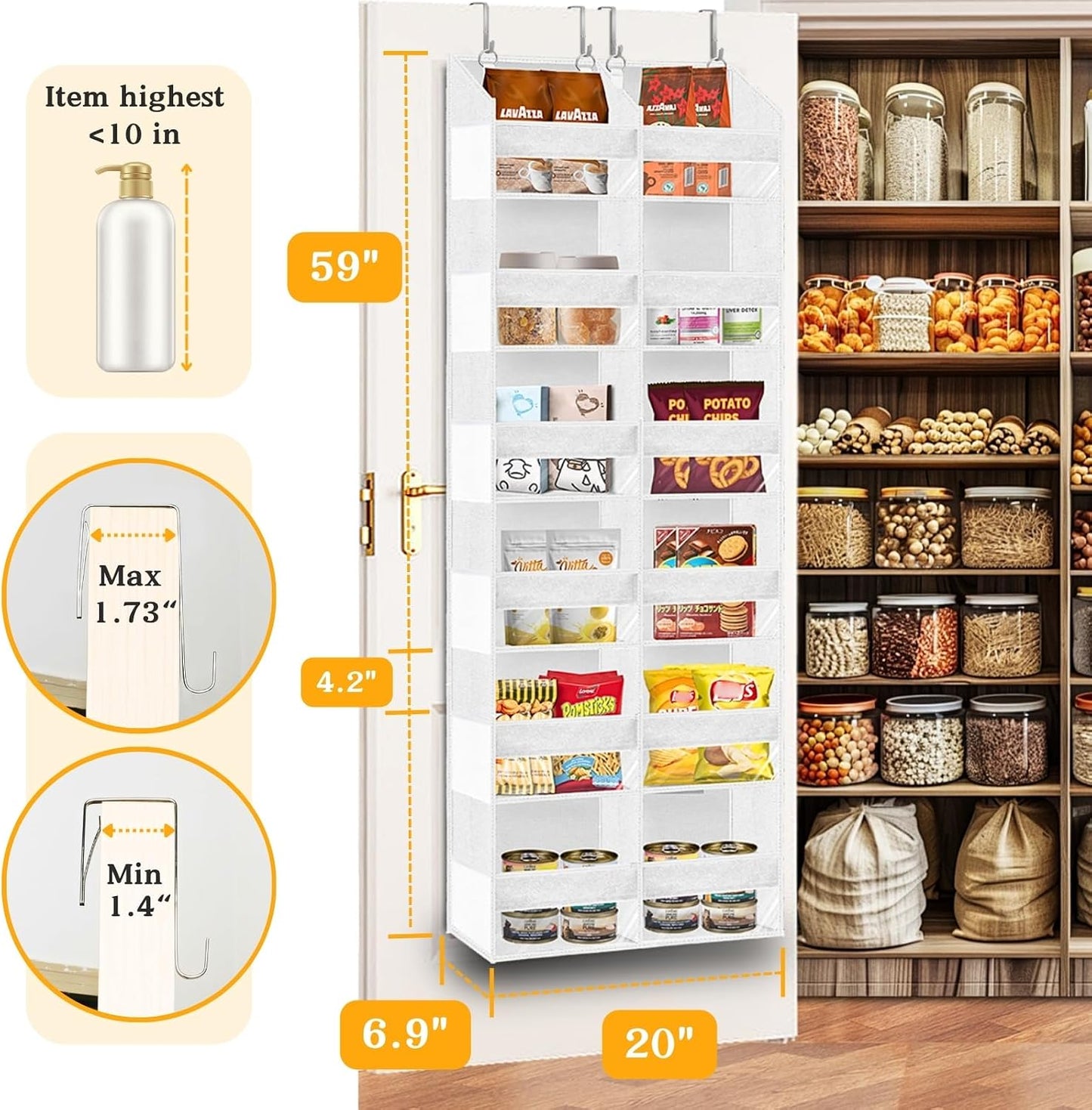 Over The Door Organizer, 5-Tier Extra Large Behind Door Storage with 10 Big Front & 10 Mesh Pockets, 80lb Capacity, Hanging Storage Organizer with Clear Window Kids Toys, Shoes, Diapers, Light Grey
