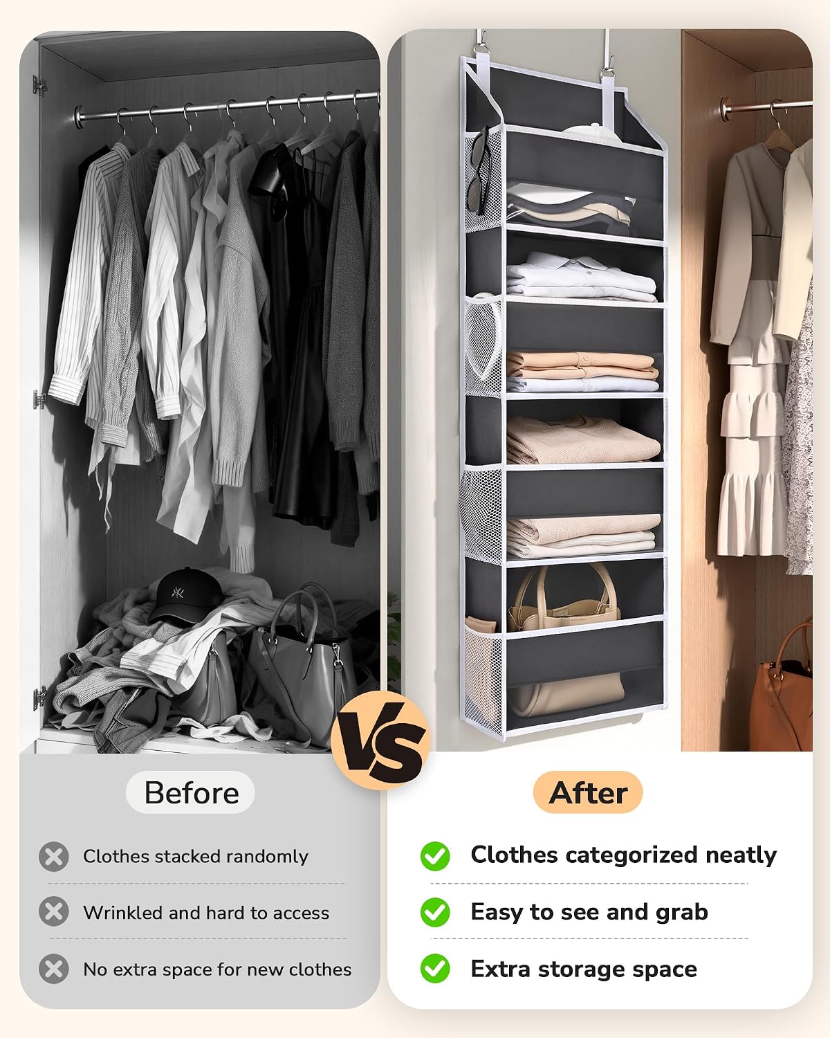 ULG Over the Door Organizer, 5-Tier Extra Large Hanging Storage with 10 Mesh Pockets, 100 lbs Capacity, Heavy Duty Door Organizer for Closet, Bedroom, Nursery Storage, Beige